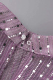 Purple Sexy Solid Sequins Patchwork See-through Half A Turtleneck Tops