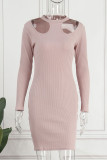 Skin Color Sexy Solid Hollowed Out Patchwork Half A Turtleneck Pencil Skirt Dresses