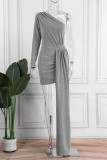 Silver Casual Solid Patchwork Asymmetrical Oblique Collar Pencil Skirt Dresses