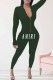 Army Green Sexy Print Letter Zipper Collar Jumpsuits