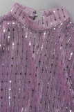 Purple Sexy Solid Sequins Patchwork See-through Half A Turtleneck Tops