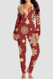 Red Casual Print Patchwork Buckle V Neck Skinny Jumpsuits
