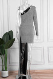 Silver Casual Solid Patchwork Asymmetrical Oblique Collar Pencil Skirt Dresses
