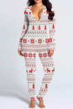 White Grey Casual Print Patchwork Buckle V Neck Skinny Jumpsuits
