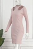 Skin Color Sexy Solid Hollowed Out Patchwork Half A Turtleneck Pencil Skirt Dresses