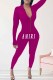 Rose Red Sexy Print Letter Zipper Collar Jumpsuits