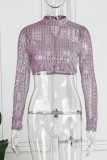 Purple Sexy Solid Sequins Patchwork See-through Half A Turtleneck Tops