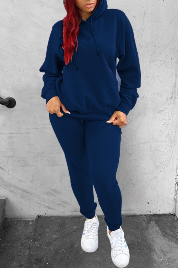 Navy Blue Casual Solid Patchwork Hooded Collar Long Sleeve Two Pieces