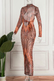 Colour Sexy Print Patchwork See-through O Neck Pencil Skirt Dresses
