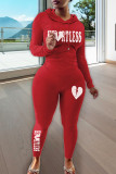 Red Casual Print Patchwork Hooded Collar Long Sleeve Two Pieces