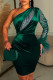 Ink Green Sexy Solid Patchwork Feathers Hot Drill Pencil Skirt Dresses