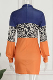Tangerine Red Casual Print Patchwork O Neck One Step Skirt Dresses