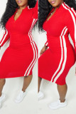 Red Casual Solid Patchwork Zipper Collar Long Sleeve Dresses