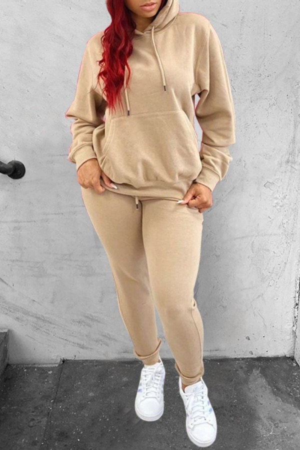 Khaki Casual Solid Patchwork Hooded Collar Long Sleeve Two Pieces