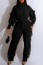 Black Casual Solid Tassel Patchwork Turtleneck Long Sleeve Two Pieces
