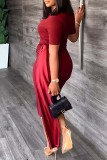 Red Casual Solid Patchwork V Neck Short Sleeve Dress