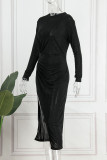 Blue Elegant Solid Patchwork Slit Half A Turtleneck One Step Skirt Dresses