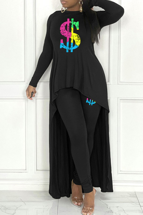Black Casual Print Patchwork Asymmetrical O Neck Long Sleeve Two Pieces