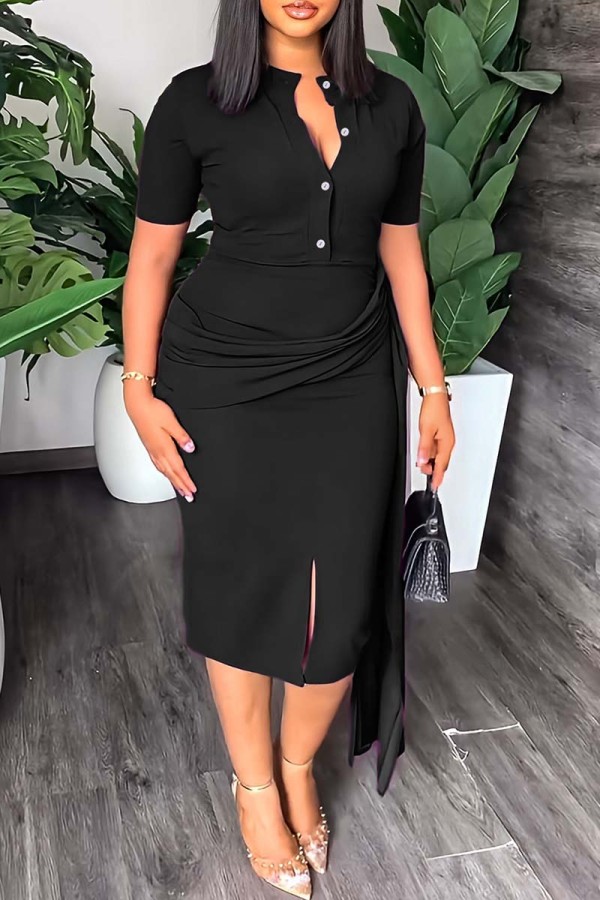 Black Casual Solid Patchwork V Neck Short Sleeve Dress