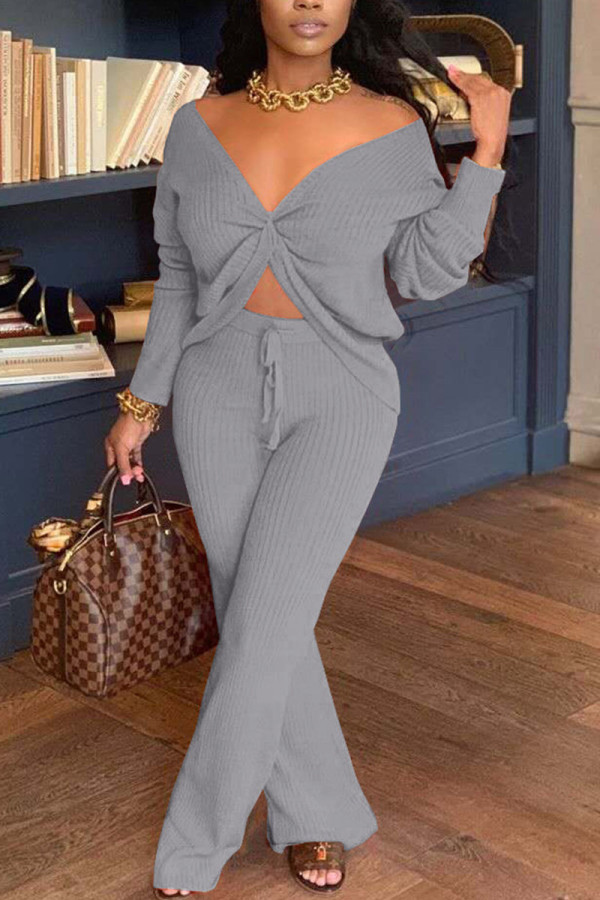 Grey Fashion Sexy Adult Solid Patchwork V Neck Long Sleeve Off The Shoulder Longer In The Rear Two Pieces