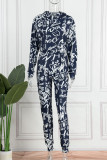 Tibetan Blue Casual Street Print Patchwork Hooded Collar Long Sleeve Two Pieces