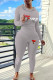 Grey Casual Print Patchwork Hooded Collar Long Sleeve Two Pieces