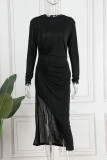 Blue Elegant Solid Patchwork Slit Half A Turtleneck One Step Skirt Dresses