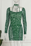 Green Sexy Print Patchwork Halter Pencil Skirt Dresses