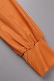 Tangerine Red Casual Print Patchwork O Neck One Step Skirt Dresses
