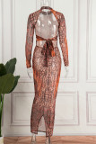 Colour Sexy Print Patchwork See-through O Neck Pencil Skirt Dresses