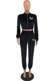 Pink Street Print Letter Zipper Collar Long Sleeve Two Pieces