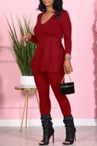 Red Casual Solid Slit V Neck Long Sleeve Two Pieces