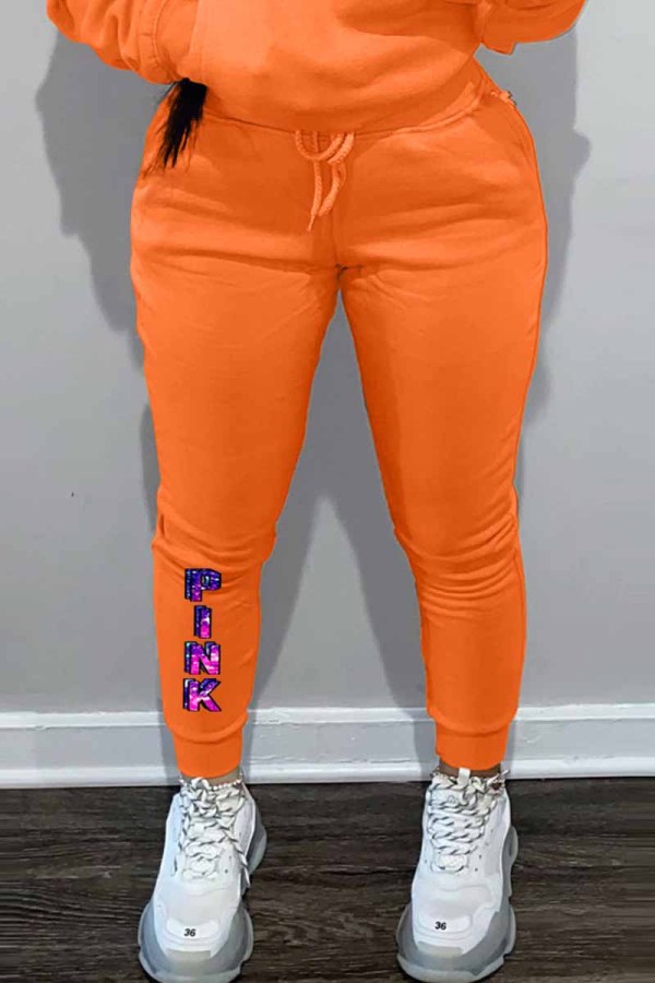 Tangerine Red Casual Print Letter Mid Waist Bottoms
