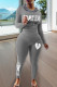 Grey Casual Print Patchwork Hooded Collar Long Sleeve Two Pieces