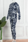 Tibetan Blue Casual Street Print Patchwork Hooded Collar Long Sleeve Two Pieces