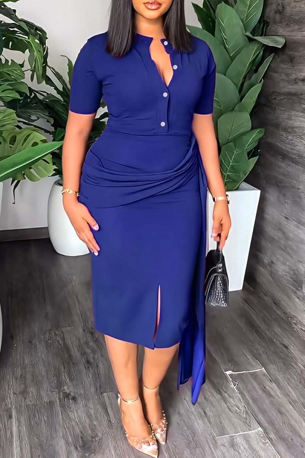 Blue Casual Solid Patchwork V Neck Short Sleeve Dress