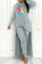 Grey Casual Print Patchwork Asymmetrical O Neck Long Sleeve Two Pieces