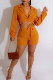 Fluorescent Yellow Fashion Casual Solid Bandage Patchwork V Neck Long Sleeve Two Pieces