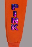 Tangerine Red Casual Print Letter Mid Waist Bottoms