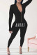Black Sexy Print Letter Zipper Collar Jumpsuits