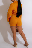 Fluorescent Yellow Fashion Casual Solid Bandage Patchwork V Neck Long Sleeve Two Pieces