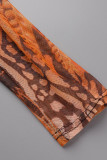Colour Sexy Print Patchwork See-through O Neck Pencil Skirt Dresses