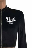 Pink Street Print Letter Zipper Collar Long Sleeve Two Pieces