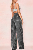 Black Casual Solid Patchwork High Waist Wide Leg Solid Color Bottoms