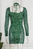 Green Sexy Print Patchwork Halter Pencil Skirt Dresses