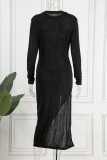 Blue Elegant Solid Patchwork Slit Half A Turtleneck One Step Skirt Dresses