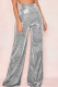 Silver White Casual Solid Patchwork High Waist Wide Leg Solid Color Bottoms