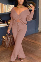 Pink Fashion Sexy Adult Solid Patchwork V Neck Long Sleeve Off The Shoulder Longer In The Rear Two Pieces