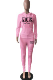 Pink Casual Sportswear Print Patchwork Hooded Collar Long Sleeve Two Pieces