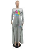 Grey Casual Print Patchwork Asymmetrical O Neck Long Sleeve Two Pieces